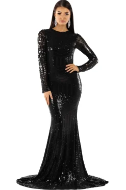 ALIYA Long Sleeve Sequin Gown - Black