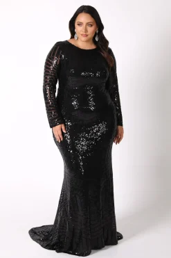 ALIYA Long Sleeve Sequin Gown - Black