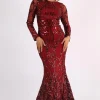AMANI Long Sleeve Sequin Gown - Wine