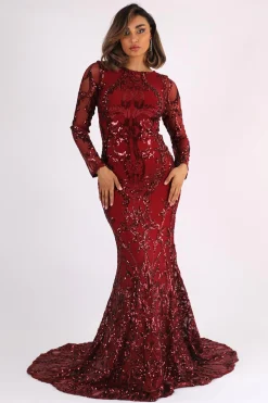 AMANI Long Sleeve Sequin Gown - Wine