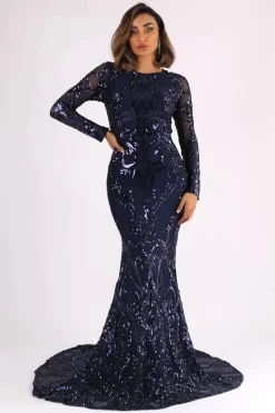 AMANI Long Sleeve Sequin Gown - Navy