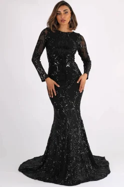 AMANI Long Sleeve Sequin Gown - Black