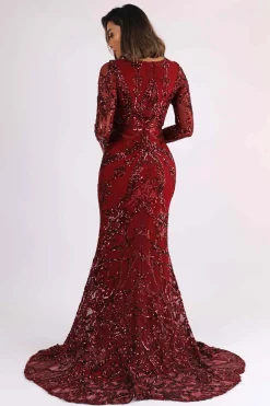 AMANI Long Sleeve Sequin Gown - Wine