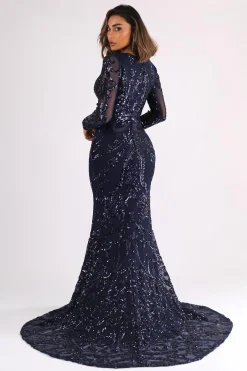 AMANI Long Sleeve Sequin Gown - Navy