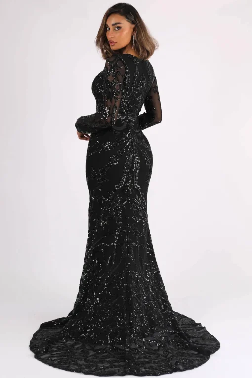 AMANI Long Sleeve Sequin Gown - Black