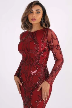 AMANI Long Sleeve Sequin Gown - Wine