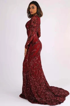 AMANI Long Sleeve Sequin Gown - Wine