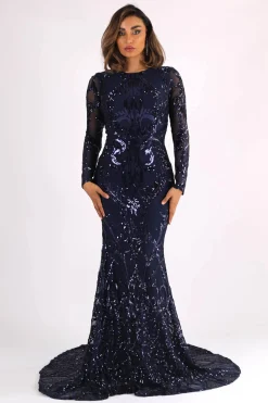 AMANI Long Sleeve Sequin Gown - Navy