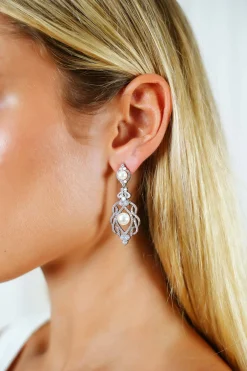 AMARA Pearl Zirconia Bridal Drop Earrings in Silver