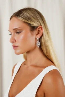 AMARA Pearl Zirconia Bridal Drop Earrings in Silver