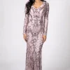 Amelia Long-Sleeve Pattern Sequin Gown - Pink