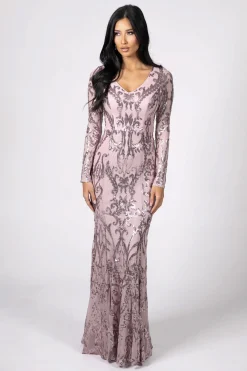 Amelia Long-Sleeve Pattern Sequin Gown - Pink