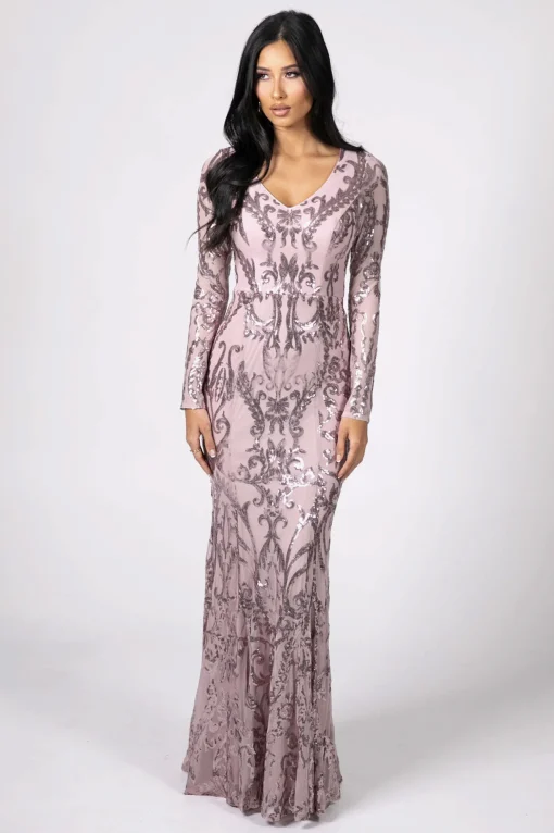 Amelia Long-Sleeve Pattern Sequin Gown - Pink