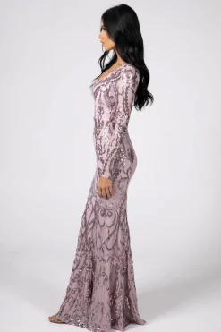 Amelia Long-Sleeve Pattern Sequin Gown - Pink