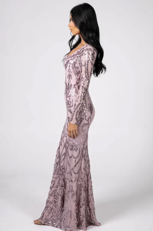 Amelia Long-Sleeve Pattern Sequin Gown - Pink