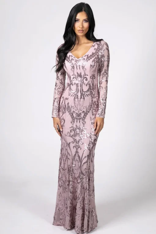 Amelia Long-Sleeve Pattern Sequin Gown - Pink