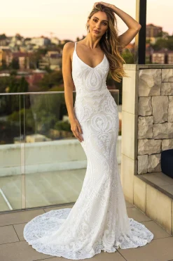 AMIYA Lace Up Back Pattern Sequin Gown - White