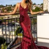AMIYA Lace Up Back Pattern Sequin Gown - Wine