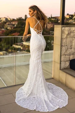 AMIYA Lace Up Back Pattern Sequin Gown - White