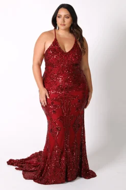 AMIYA Lace Up Back Pattern Sequin Gown - Wine