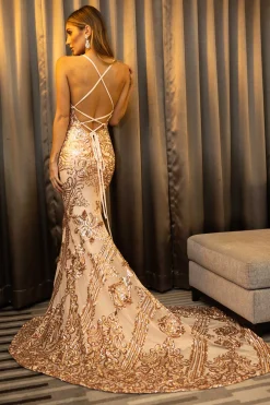 AMIYA Lace Up Back Pattern Sequin Gown - Rose Gold
