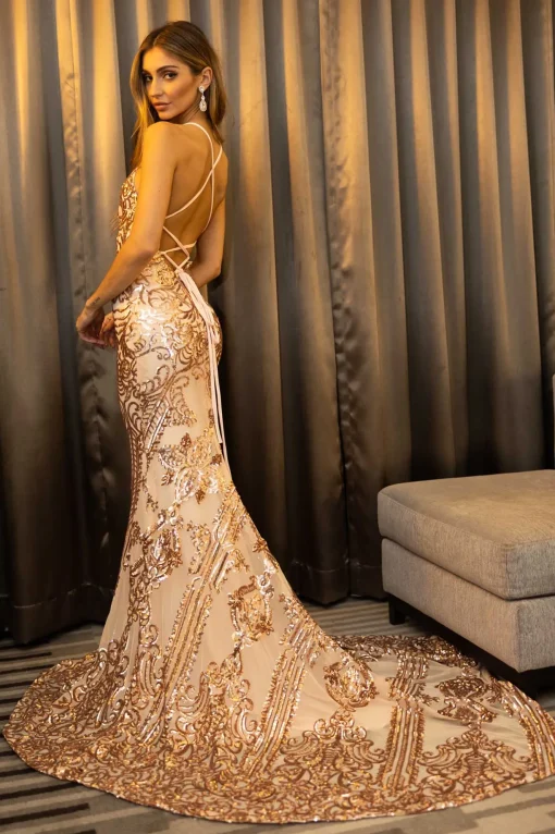 AMIYA Lace Up Back Pattern Sequin Gown - Rose Gold