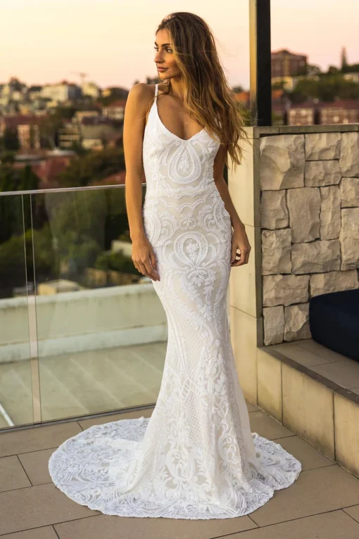 AMIYA Lace Up Back Pattern Sequin Gown - White
