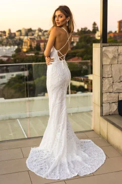 AMIYA Lace Up Back Pattern Sequin Gown - White