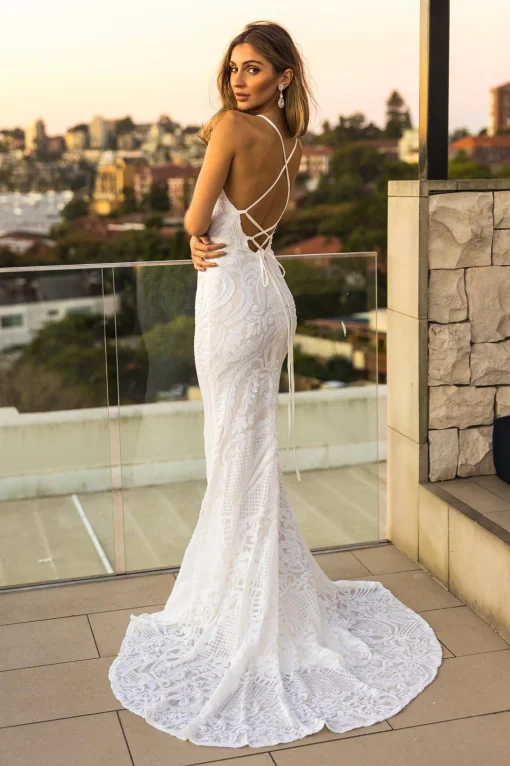 AMIYA Lace Up Back Pattern Sequin Gown - White