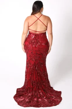 AMIYA Lace Up Back Pattern Sequin Gown - Wine