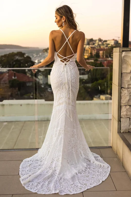 AMIYA Lace Up Back Pattern Sequin Gown - White