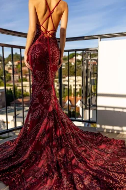 AMIYA Lace Up Back Pattern Sequin Gown - Wine