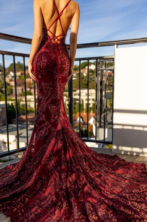 AMIYA Lace Up Back Pattern Sequin Gown - Wine