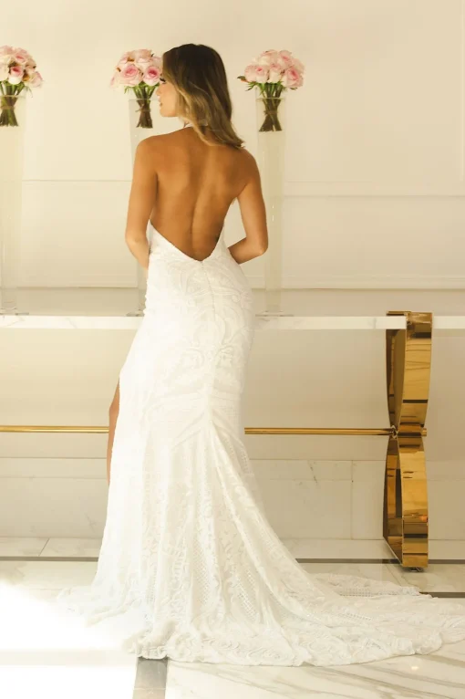 ARDEN Halter Neck Pattern Sequin Gown - White/White