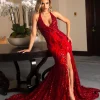 Ariella Side Slit Pattern Sequin Gown - Red