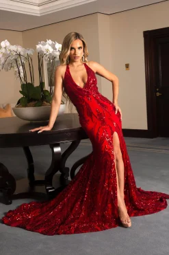 Ariella Side Slit Pattern Sequin Gown - Red
