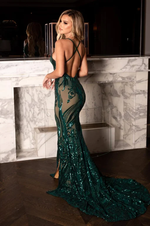 Ariella Side Slit Pattern Sequin Gown - Emerald/Nude