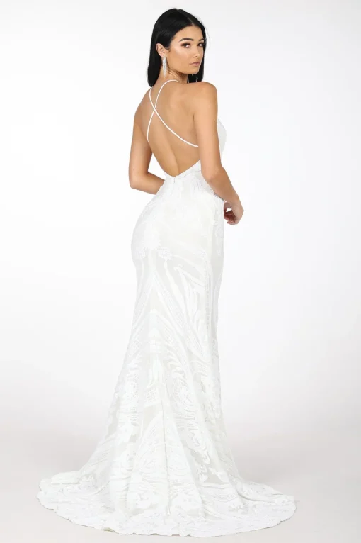 Ariella Side Slit Pattern Sequin Gown - White