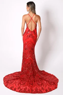 Ariella Side Slit Pattern Sequin Gown - Red