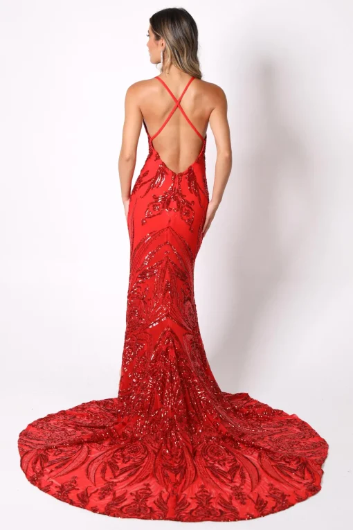Ariella Side Slit Pattern Sequin Gown - Red