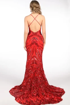 Ariella Side Slit Pattern Sequin Gown - Red