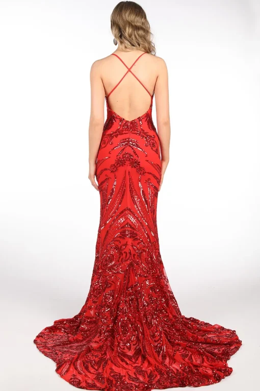 Ariella Side Slit Pattern Sequin Gown - Red