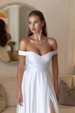 AUDREY Off-Shoulder A-line Satin Gown - White
