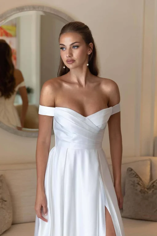 AUDREY Off-Shoulder A-line Satin Gown - White