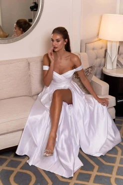 AUDREY Off-Shoulder A-line Satin Gown - White