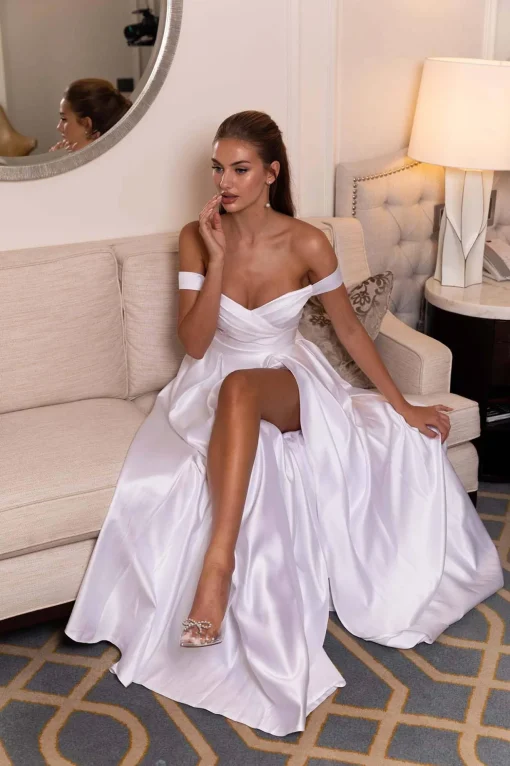 AUDREY Off-Shoulder A-line Satin Gown - White