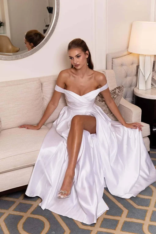AUDREY Off-Shoulder A-line Satin Gown - White