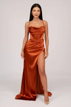 AYANA Corset Satin Gown - Burnt Orange