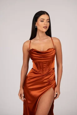 AYANA Corset Satin Gown - Burnt Orange