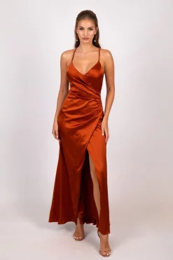 BELINDA Satin Maxi Dress - Burnt Orange